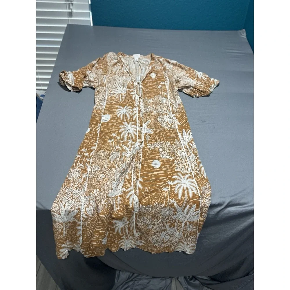Desmond Dempsey X H&M Kaftan Dress L Midi Tropical Button Up L - Picture 2 of 7